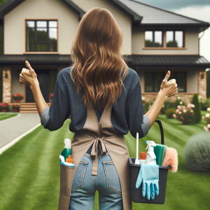 Back of a professional brown hair female cleaner holding the handles of her cleaning kit in a uniform standing in front of a well-maintained suburban house, holding eco-friendly cleaning supplies and smiling. cleaner is wearing a dark blue shirt and cleaning apron. Do not how her face